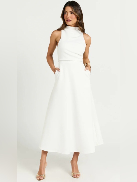 Showpo. Dresses & Skirts - NWT Showpo MACY Off White High-Neck A-line Midi Dress with pockets Sz 2
